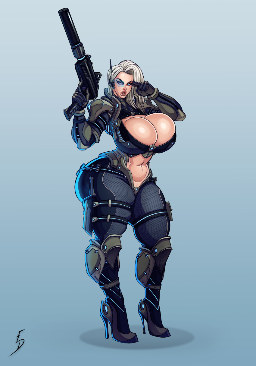 1girls 2022 armor breasts cleavage clothed clothing eroseroticart female female_only full_body gun headset huge_breasts human light-skinned_female light_skin long_hair mostly_clothed silvone_du_bois solo standing thick_thighs white_hair wide_hips