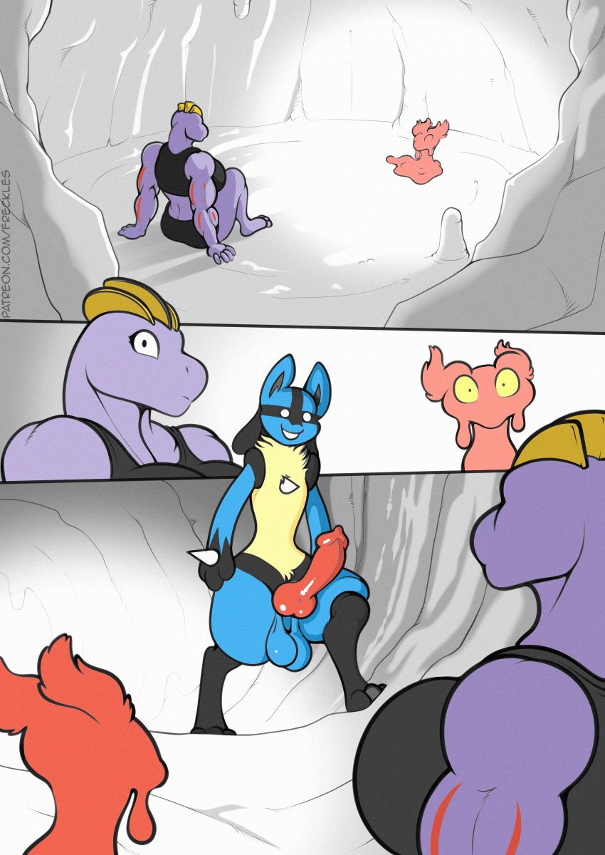 absurd_res anthro female female_machoke freckles_(artist) generation_1_pokemon generation_2_pokemon generation_4_pokemon genitals hi_res humanoid lucario machoke male male/female nintendo penis pokemon pokemon_(species) slugma