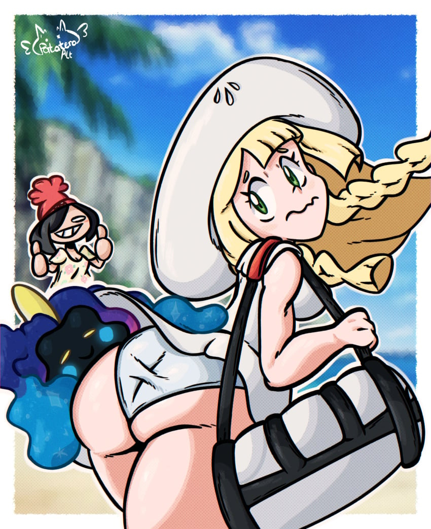 ass ass_focus beach cosmog lillie_(pokemon) panties patatero69 pokemon pokemon_(species) pokemon_sm selene_(pokemon) skirt skirt_lift skirt_up tights underwear