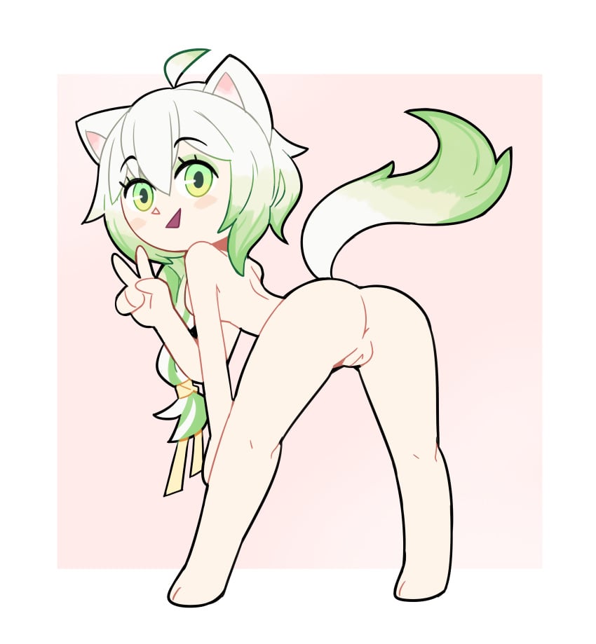 ahoge animal_ears ass bending_forward bent_forward braid female ferret ferret_girl green_eyes green_highlights hand_on_knee indie_virtual_youtuber laimu looking_back_at_viewer miscon multicolored_hair nude peace_sign pink_background presenting pussy simple_background smile solo uncensored vinesauce virtual_youtuber vtuber white_hair