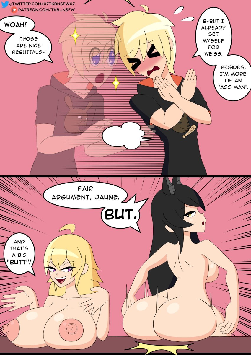 1boy 2girls alternate_ass_size alternate_breast_size ass big_ass big_breasts black_hair black_hair_female blake_belladonna blonde_female blonde_hair breasts cat_ears clothed_male fair_argument_but… fair_argument_butt... faunus huge_ass huge_breasts jaune_arc large_ass large_breasts nipples nude nude_female rwby showing_breasts showing_off straight tkb_nsfw yang_xiao_long yellow_eyes