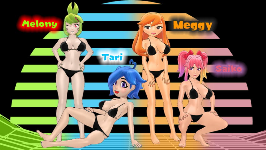 2024 3d 4girls 80's_theme black_bra black_panties cute_face female female_only glitch_productions hair_over_one_eye happy happy_female human_meggy kapp-99 looking_at_viewer meggy_spletzer melony_(smg4) meta_runner mikumikudance mmd neon_grid night one_eye_closed open_mouth purple_eye purple_eyes retro_artstyle saiko_bichitaru_(smg4) short_hair smg4 stars sun tari_(smg4) thin_arms vaporwave white_skin wink winking winking_at_viewer youtube