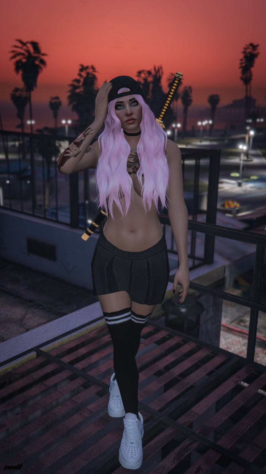 1girls aubrey_adams blue_eyes breasts cap choker cleavage female grand_theft_auto grand_theft_auto_online grand_theft_auto_v hair_covering_breasts hat katana nopixel nullinvoid pink_hair skirt tattoo tattoo_on_chest tattooed_arm tattoos thighhighs tights topless