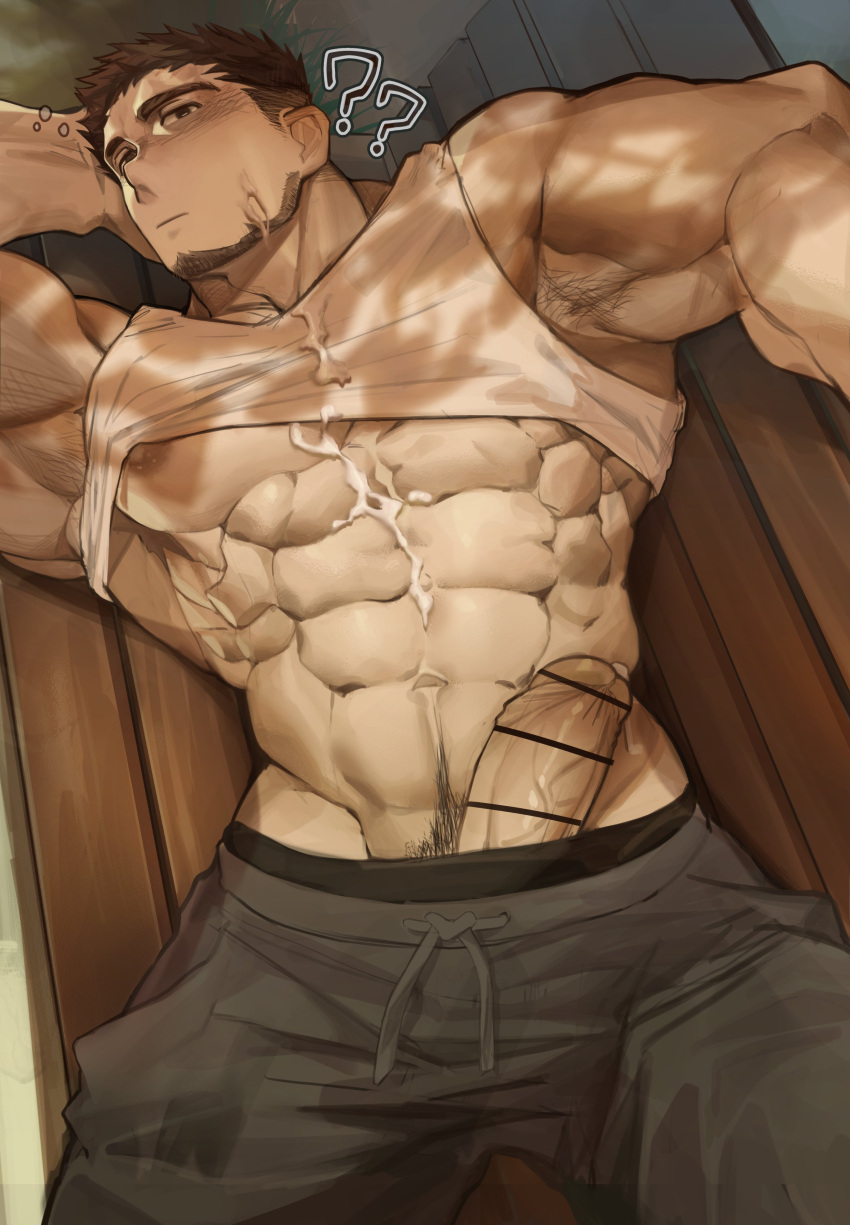 1boy 1male 2024 abs after_masturbation after_orgasm armpits bara barazoku beard biceps big_muscles big_pecs big_penis black_eyes blush body_hair clothed clothes clothing cum cum_on_body detailed_background ejaculation erection excited facial_hair gay genital_fluids genitals gesture glans hair happy_trail hi_res high_resolution highres homosexual horn human lying male male_focus male_only masculine masturbation muscles muscular muscular_human muscular_male nipples orgasm pecs penis pose pubic_hair solo striped_body stubble tokuni tuft underwear veiny_penis yaoi zaddy