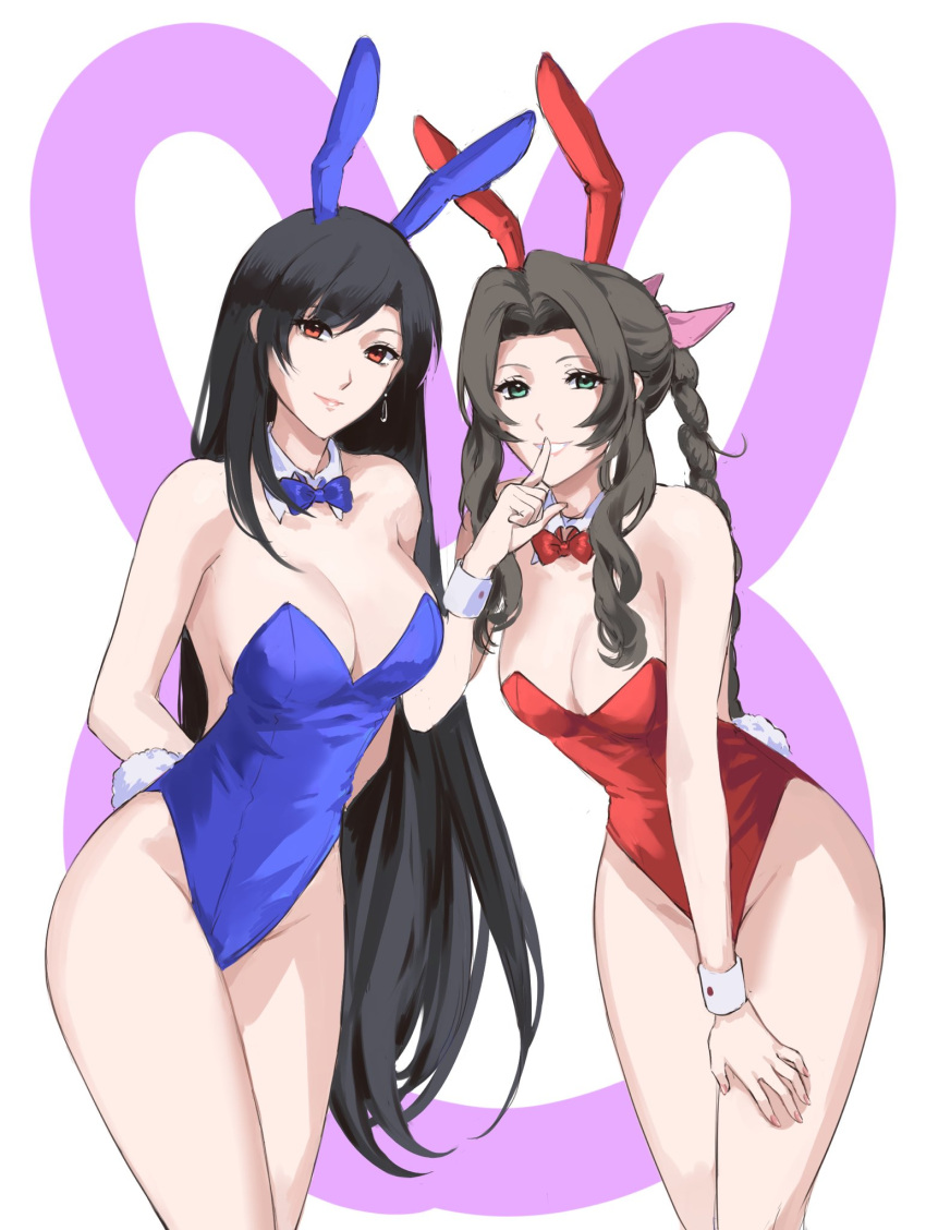 2girls aerith_gainsborough black_hair blue_leotard bowtie braided_ponytail breasts brown_hair bunny_ears bunny_tail detached_collar earrings fake_animal_ears fake_tail final_fantasy final_fantasy_vii green_eyes hairbow kivavis large_breasts leotard long_hair looking_at_viewer ponytail red_eyes red_leotard tifa_lockhart wrist_cuffs