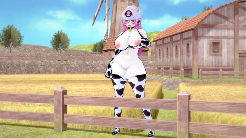 3d ass big_ass big_breasts breasts cow_bell_collar cow_bikini cow_girl cow_horns cow_print_armwear cow_print_thighhighs heart-shaped_pupils helixdemise_(artist) huge_ass huge_breasts kette_chrioka_(helixdemise) koikatsu outside pink_eyes pink_nipples solo teasing thick_thighs undressing white_and_pink_hair white_skin wide_hips