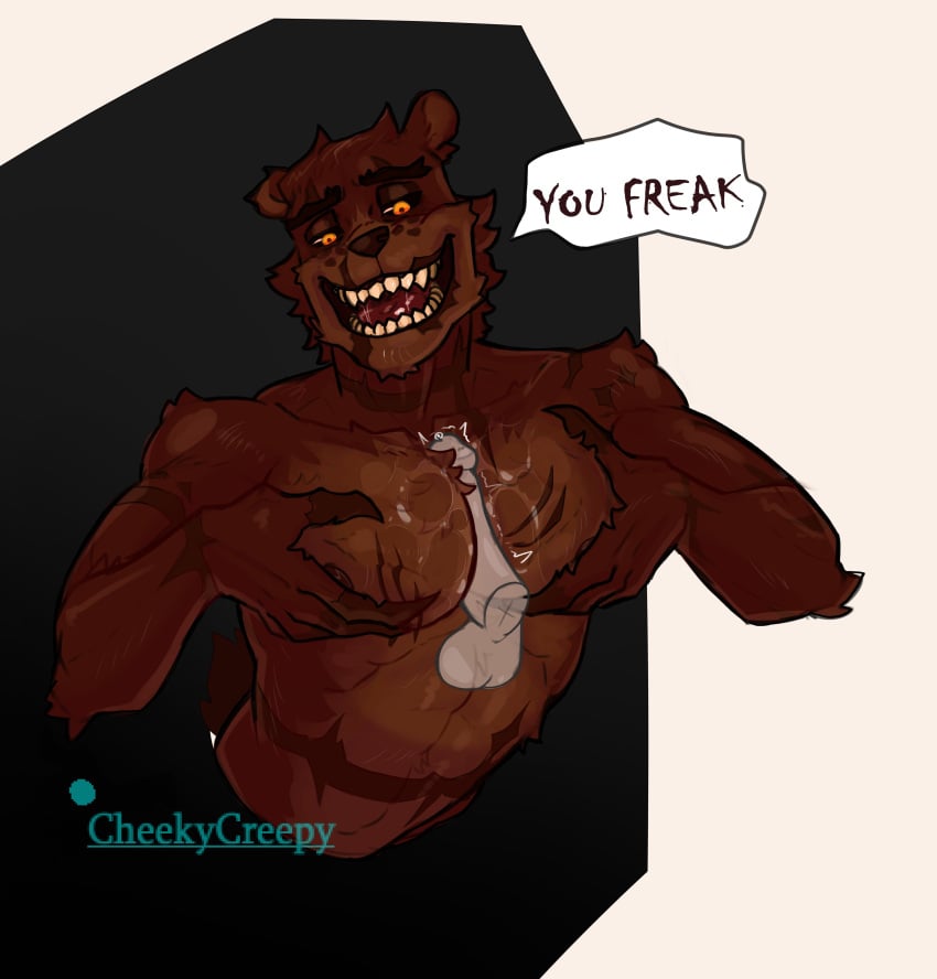 anthro bear cheekycreepy cum dialogue erection faceless_male fangs five_nights_at_freddy's five_nights_at_freddy's_4 fnaf freddy_(fnaf) furry gay humanoid male male/male male_only nightmare_freddy nude pecjob pecs penis scars sex text