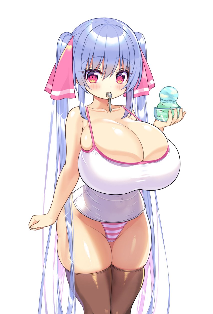 bangs barely_clothed barely_contained big_ass big_breasts blue_hair blush cleavage clothed collarbone hair_between_eyes hair_ornament hair_ribbon huge_breasts looking_at_viewer original pink_eyes riko_(shuz) shortstack shuz_(dodidu) skindentation solo stockings stretched_clothing tank_top thick_thighs thighhighs thong tight_clothing twintails