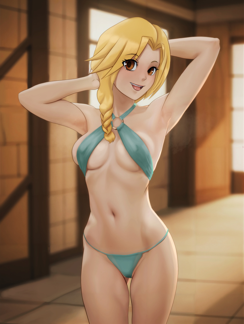 1girls armpits arms_behind_head arms_up bare_shoulders bikini blonde_hair braided_hair brown_eyes enri_emmot female female_only fully_clothed godlem nipple_bulge overlord_(maruyama) revealing_clothes skimpy_clothes sling_bikini smiling_at_viewer