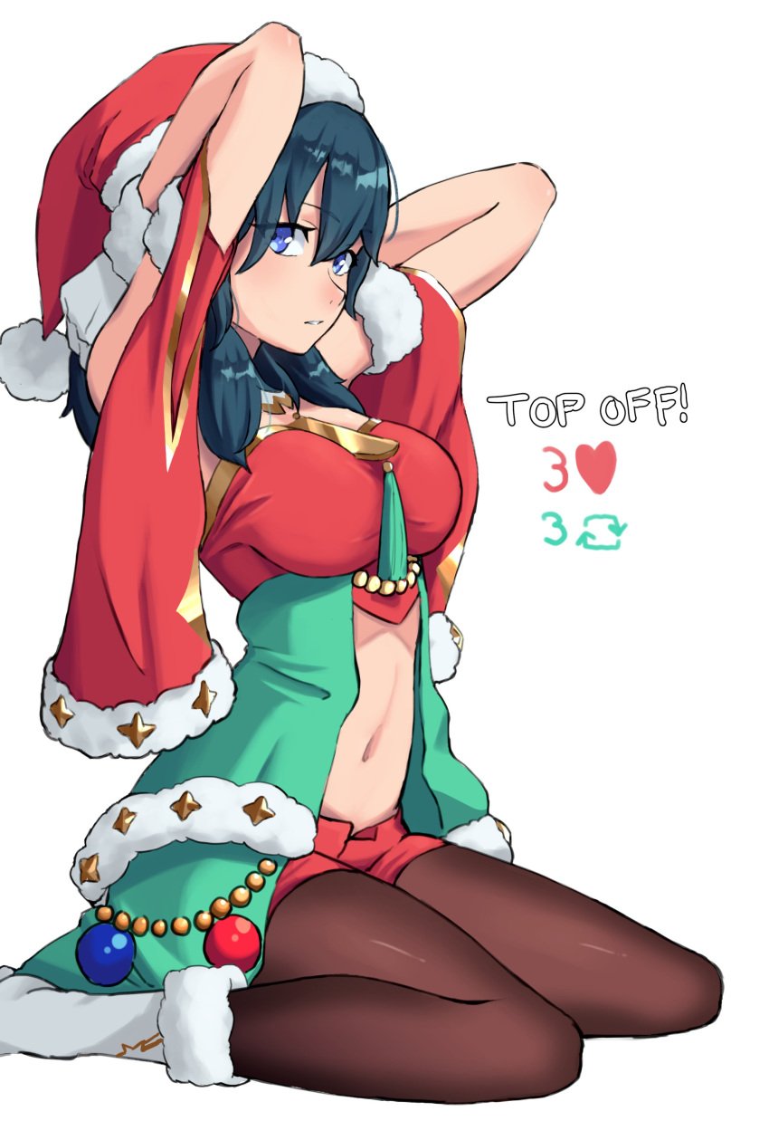 1girls absurdres alternate_costume arms_up blue_hair boots breasts byleth_(female)_(fire_emblem) byleth_(female)_(frosty_professor)_(fire_emblem) byleth_(fire_emblem) byleth_(fire_emblem)_(female) christmas detached_sleeves english_commentary female female_only fire_emblem fire_emblem:_three_houses fire_emblem_heroes fur-trimmed_boots fur_trim grimmelsdathird hat highres large_breasts meme navel nintendo official_alternate_costume pantyhose red_headwear red_shorts santa_hat short_shorts shorts sitting solo stomach teal_hair thighs twitter_strip_game_(meme) wariza white_footwear