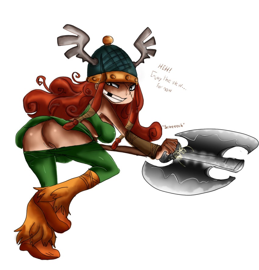 axe barbara_(rayman) barbarian female footwear headgear helmet human maniacpaint oddrich rayman_(series) rayman_legends red_hair viking weapon