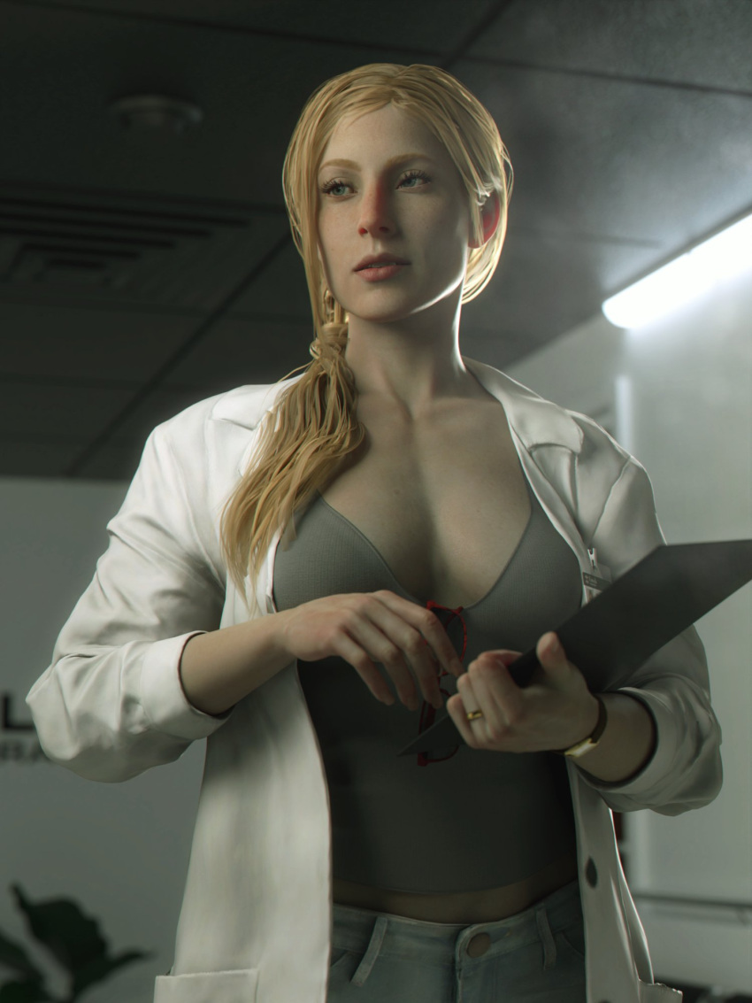 1girls 3d annette_birkin badge blonde_female blonde_hair blonde_hair_female blue_eyes capcom caucasian_female cleavage clipboard clothed clothed_female doctor female female_doctor female_focus female_only female_scientist holding_object indoors labcoat light-skinned_female long_hair mature_female milf ponytail red_nose resident_evil resident_evil_2 resident_evil_2_remake scientist solo solo_female solo_focus tagme tank_top watch wedding_ring word2