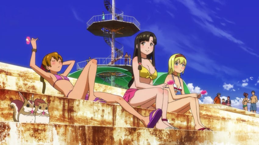 3girls amber_eyes background_characters bare_arms bare_legs bare_midriff bare_shoulders bare_thighs barefoot belly_button big_breasts bikini bikini_bottom bikini_scarf bikini_skirt bikini_top black_hair blonde_hair blue_earrings blue_eyes blue_necklace blushed_face cleavage closed_eyes earrings female flip_flops green_bikini green_bikini_bottom green_bikini_top green_eyes green_swimsuit green_swimwear hair_ribbons hairband ice_cream light_skin long_hair medium_breasts melty_(suisei_no_gargantia) midriff navel necklace pearl_necklace pink_bikini pink_bikini_bottom pink_bikini_scarf pink_bikini_top pink_ribbon pink_sandals pink_swimsuit pink_swimwear pool poolside red_bikini_skirt red_sandals reema_(suisei_no_gargantia) ribbons rust saaya_(suisei_no_gargantia) sandals short_hair small_boobs small_breasts squirrel suisei_no_gargantia swimming_pool swimsuit swimwear tan_skin thick_thighs tied_hair twintails white_bikini white_bikini_bottom white_bikini_top white_sandals white_swimsuit white_swimwear yellow_bikini yellow_bikini_bottom yellow_bikini_top yellow_swimsuit yellow_swimwear