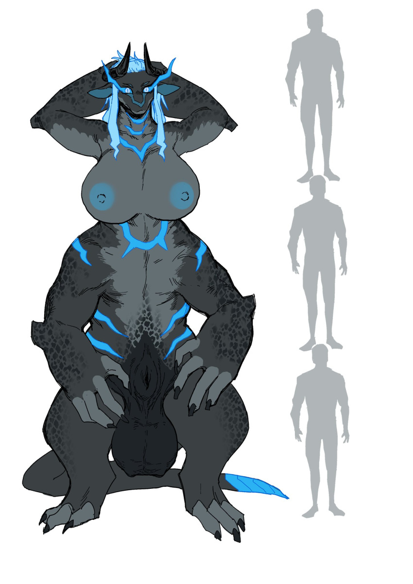 2023 animal_genitalia anthro areola balls big_balls big_breasts breasts claws fully_sheathed futanari genitals gynomorph height_comparison hi_res huge_balls intersex kissxmaker looking_at_viewer nipples non-mammal_breasts non-mammal_nipples nude penis reptile reptile_taur scalie scalie_taur sheath simple_background solo standing tail taur thick_thighs