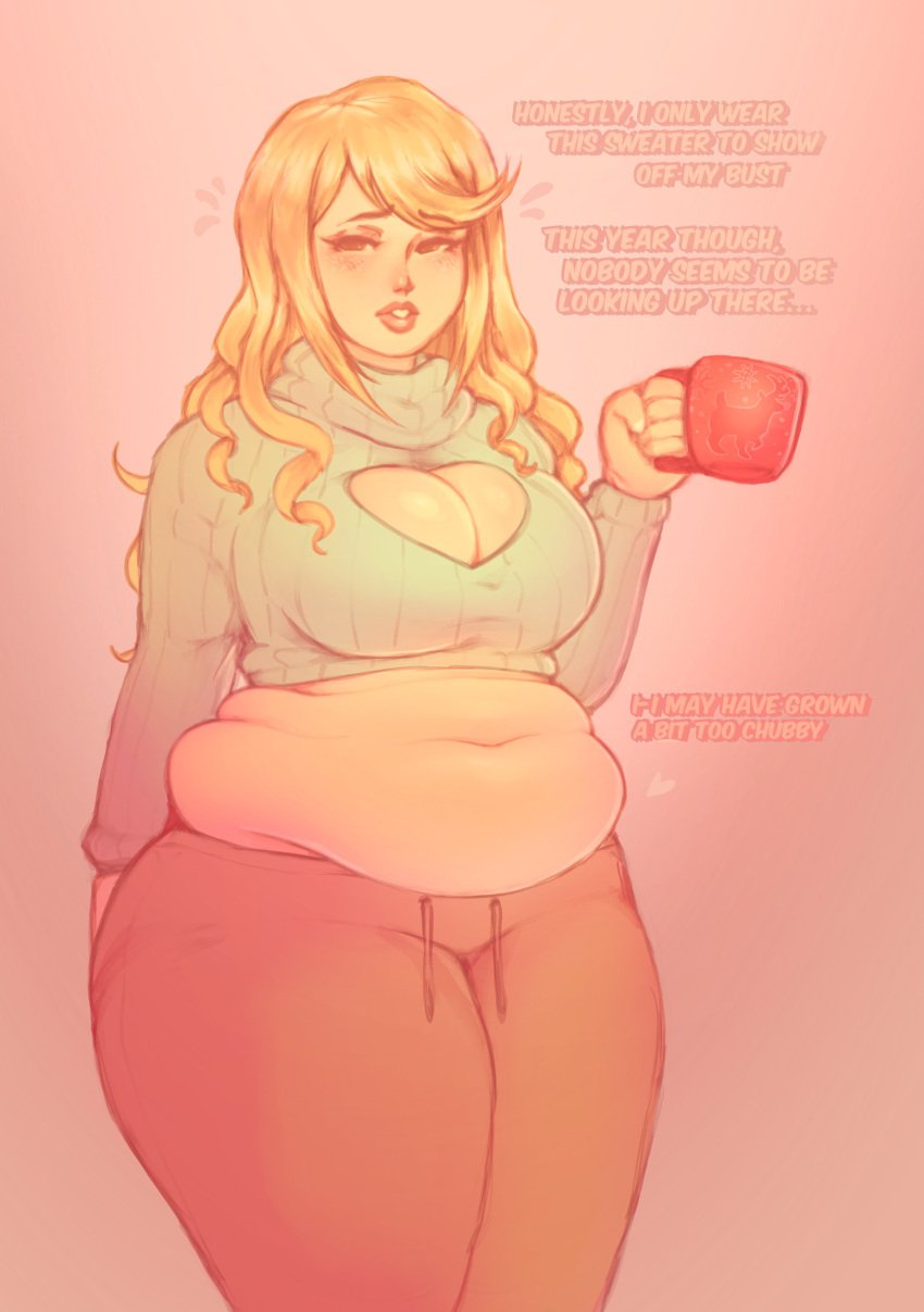 1girls 2023 big_belly big_breasts blush christmas chubby chubby_female coffee_mug color english_dialogue fat holidays keyhole_sweater love_handles metrack mythra plump_lips sweatpants tagme talking_to_self xenoblade_(series) xenoblade_chronicles_2 yellow_hair