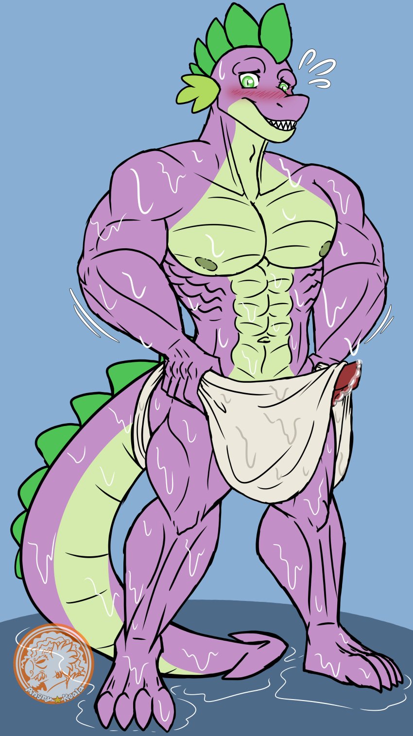 abs aged_up angry_koala anthro blush dragon feet friendship_is_magic green_body green_eyes green_skin hasbro male male_only muscular muscular_anthro muscular_male my_little_pony navel purple_body purple_fur purple_skin smile solo spike_(mlp) spikes teeth