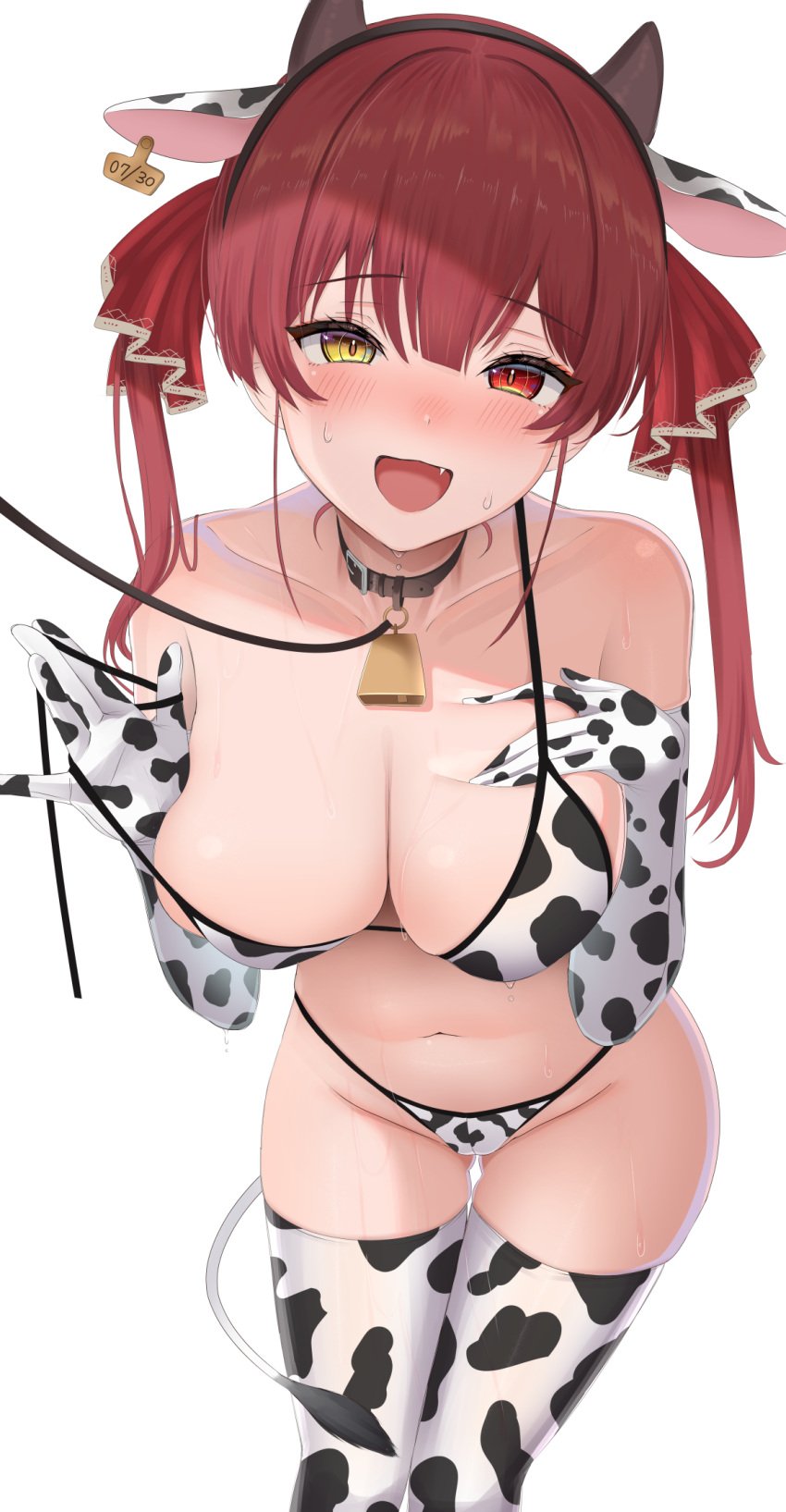 1girls animal_ears animal_print armwear bare_shoulders bell bikini blush breasts cleavage collar cow_ears cow_horns cow_print cow_print_armwear cow_print_bikini cow_print_legwear cow_tail cowbell ear_tag embarrassed eyebrows eyebrows_visible_through_hair eyelashes fake_animal_ears fake_horns gloves hair_ribbon heterochromia highres hololive hololive_fantasy hololive_japan horns houshou_marine kachikachipiroo large_breasts leash leash_and_collar leash_pull legwear long_hair looking_at_viewer neck_bell oerba_yun_fang open_mouth print_bikini print_gloves print_thighhighs red_eyes red_hair ribbon simple_background solo strap_pull sweat swimsuit tail thighhighs twintails virtual_youtuber white_background yellow_eyes