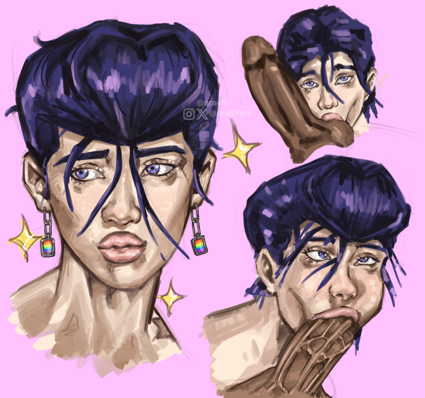 2boys ara69art blue_eyes dark-skinned_male diamond_is_unbreakable earrings fellatio femboy gay interracial joestar_birthmark jojo's_bizarre_adventure jojo_reference josuke_higashikata purple_hair sketch sucking_penis yaoi