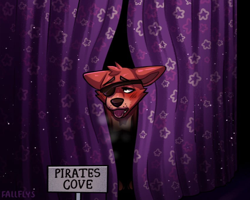 2023 anthro blush breath canid canine curtains english_text eye_patch eye_roll eyebrows eyewear fallflys five_nights_at_freddy's fox foxy_(fnaf) fur hi_res inside male male_only mammal narrowed_eyes open_mouth scottgames sign signature solo tagme teeth text tongue tongue_out tuft