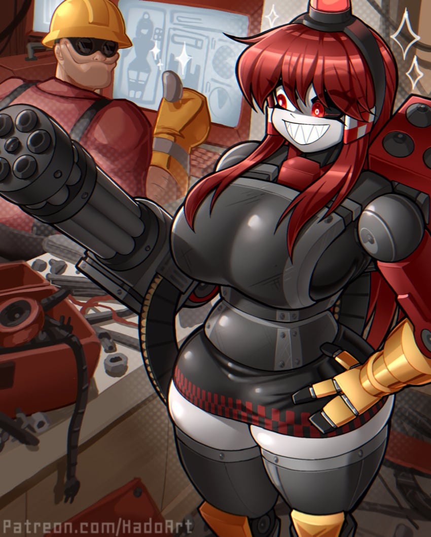 1boy 1boy1girl 1girls 2d 2d_(artwork) :3 ammo ammunition ass background big_ass big_breasts big_thighs blueprint breasts clothed clothing color colored engineer_(team_fortress_2) eyebrows_visible_through_hair eyes_visible_through_hair female female_focus fully_clothed fully_clothed_female fully_clothed_male funny gatling_gun gigantic_ass gigantic_thighs gloves goggles gun hair_on_breasts hand_on_hip happy hardhat huge_ass huge_breasts huge_thighs long_hair looking_at_object looking_at_viewer looking_back male mimi_sentry open_eyes open_shirt proud red_eyes red_hair robot robot_girl robot_humanoid rubber_gloves sentry_(team_fortress_2) sharp_teeth sitting skirt smile smiling sparkles standing team_fortress_2 teeth teeth_showing teeth_visible thick_hips thick_thighs thighs thumb_up thumbs_up tools valve watermark white_body white_teeth zzzhodazzz