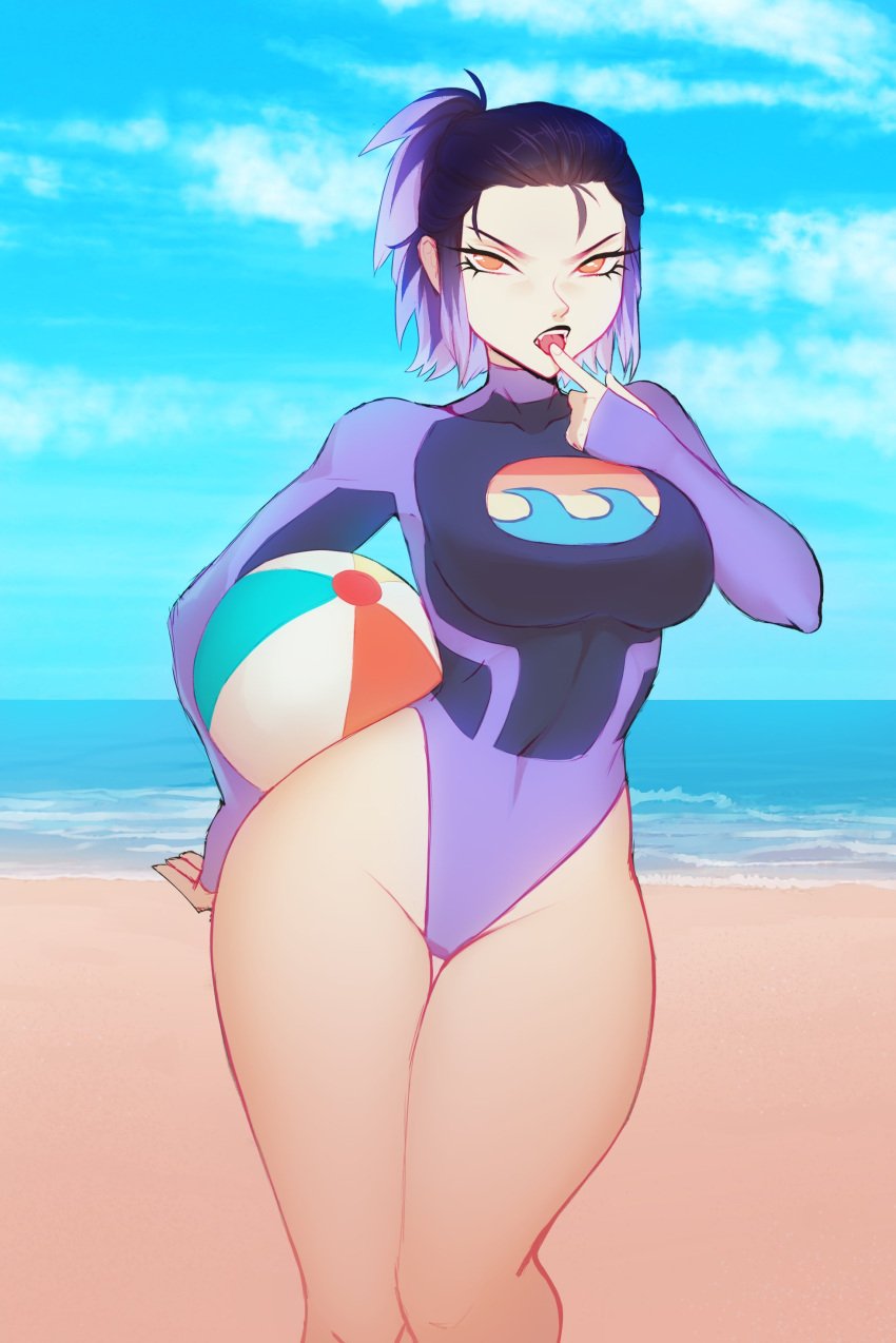 beach beach_ball big_ass big_breasts brawlhalla eirlys finger_in_mouth nix_(brawlhalla) solo solo_female swimsuit