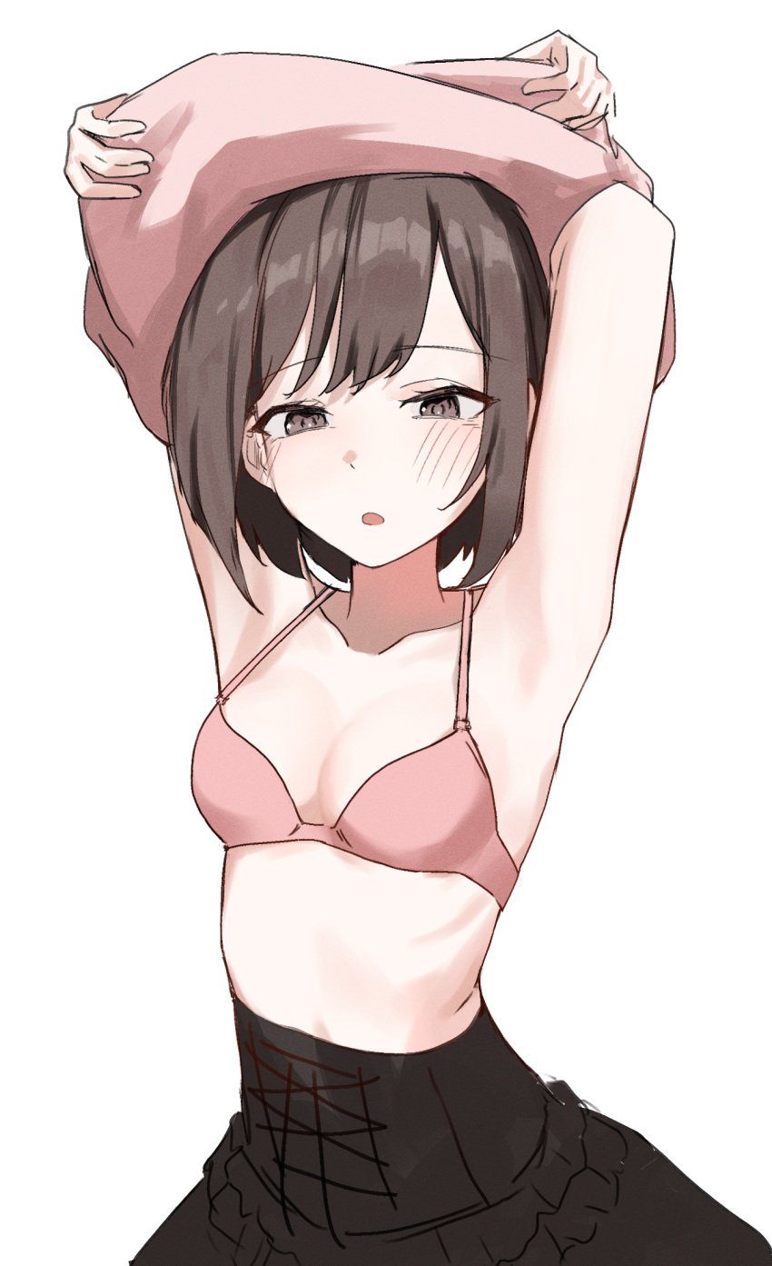 1girls :o armpits arms_up bra breasts brown_fur brown_hair collarbone female_focus open_mouth pink_bra project_sekai reitouko removing_clothing removing_shirt shinonome_ena short_hair simple_background skirt solo solo_focus young