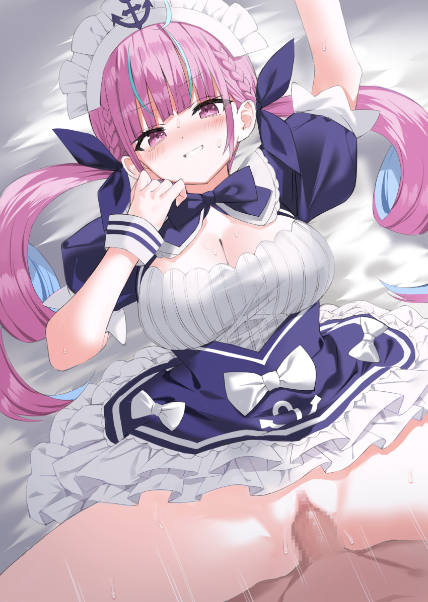 1boy ahoge blue_dress blue_hair blue_ribbon breasts censored cleavage cleavage_cutout clothed_sex clothing_cutout dress drill_hair female frilled_dress frills hair_ribbon highres hololive hololive_gen_2 hololive_japan kuhotaka large_breasts long_hair looking_at_viewer maid maid_headdress minato_aqua minato_aqua_(1st_costume) mosaic_censoring multicolored_hair penis pink_hair purple_eyes pussy ribbon sex short_dress smile twin_drills two-tone_hair vaginal_penetration virtual_youtuber white_headdress