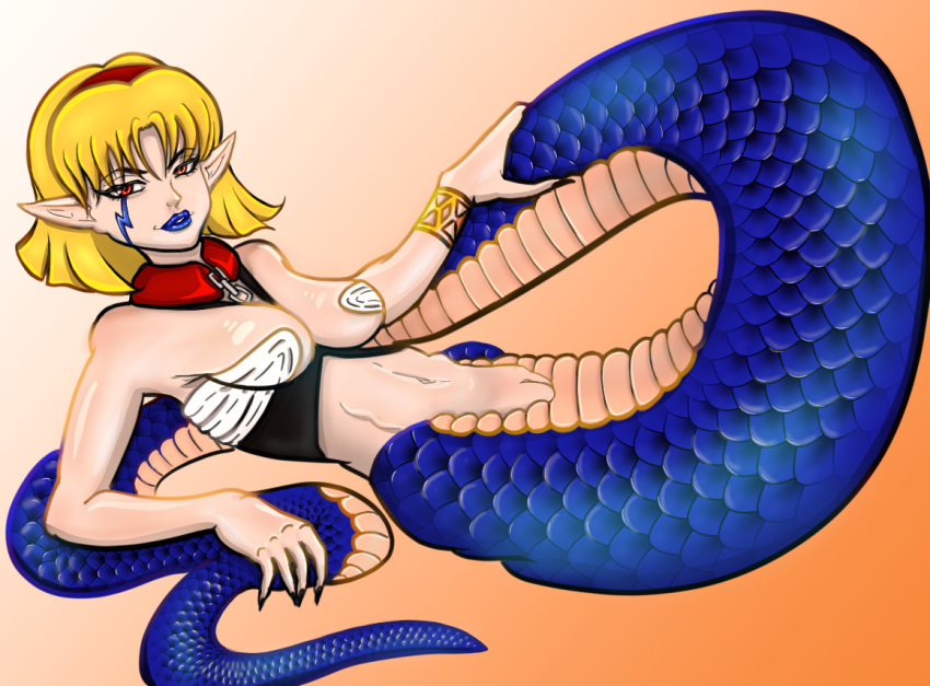 blonde_hair blue_lips blue_scales collar drawfag facial_mark female full_body gradient_background lamia looking_at_viewer lunar lunar:_the_silver_star monster_girl non-web_source orange_background orange_eyes pointy_ears pussy reclining royce_(lunar) scalie snake_tail solo tail white_background