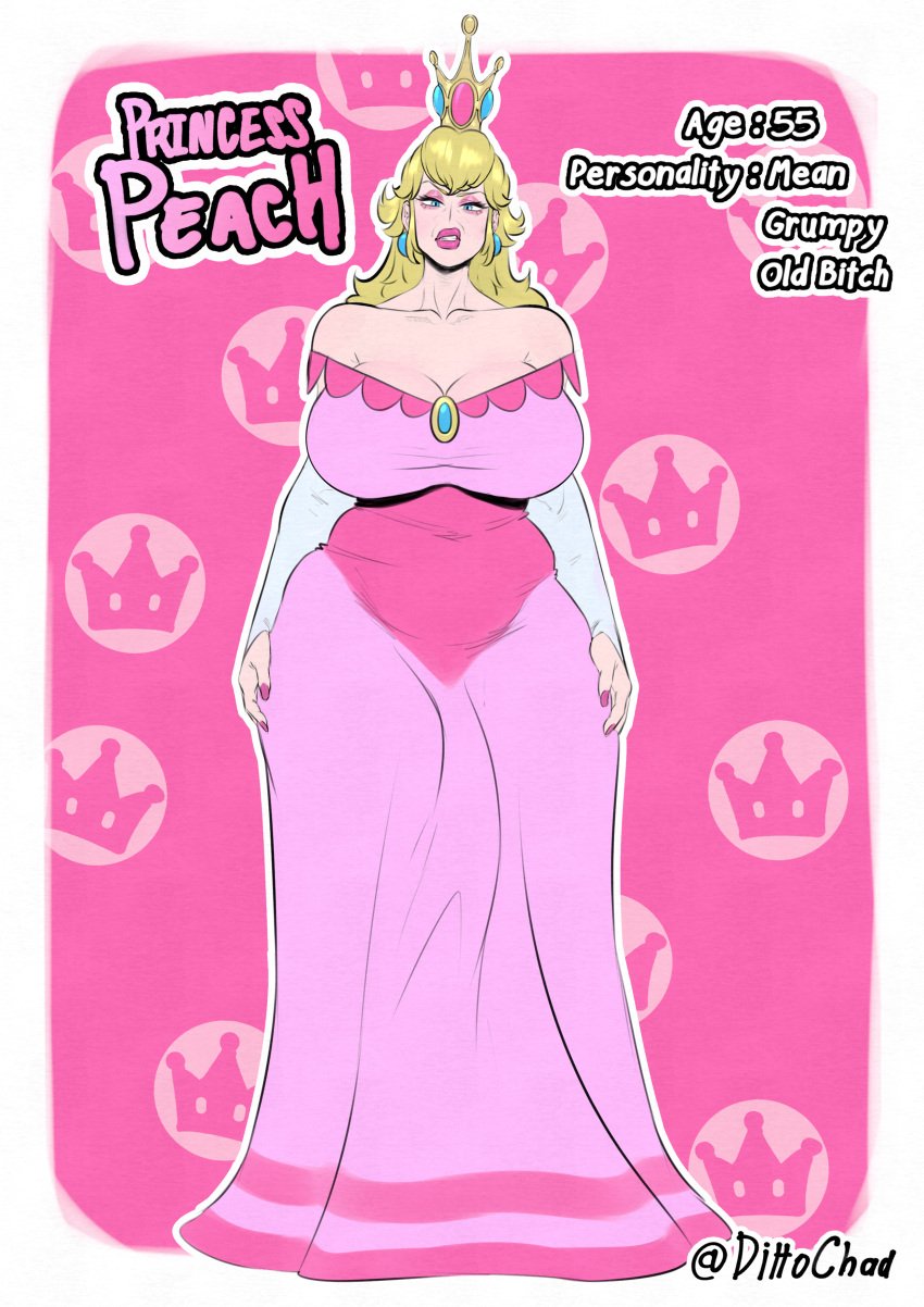 1futa aged_up breasts character_sheet cleavage clothed clothing dittochad dress english_text flaccid full_body fully_clothed futa_only futanari hourglass_figure huge_breasts huge_cock human light-skinned_futanari light_skin mario_(series) mature mature_futa milf penis princess_peach solo standing text wide_hips wrinkles