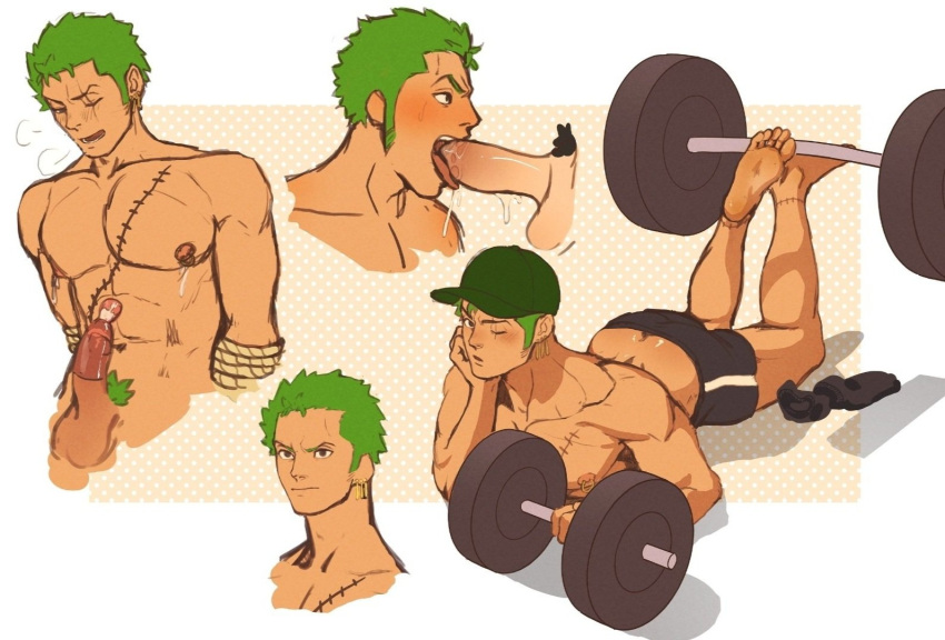 1boy barefoot blowjob candy_tablet cap cock_sucking condom cum_in_condom earrings foot_fetish gay green_hair male male_only muscular muscular_male nipple_piercing nipples one_piece roronoa_zoro saliva scar slimy-tablet soles yaoi