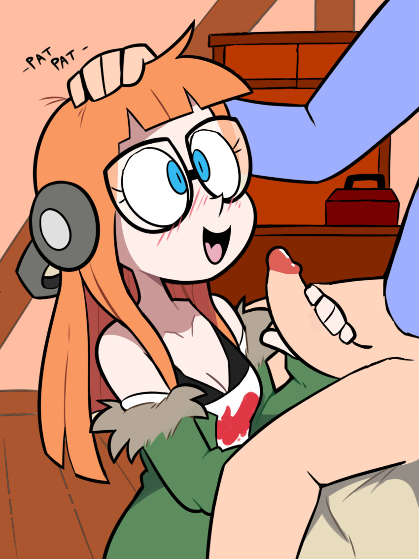 1boy 1boy1girl 1girls background blue_eyes blue_shirt female glasses green_jacket headphones holding_penis male no_pants open_mouth orange_hair patting_head penis sitting tbfk toolbox