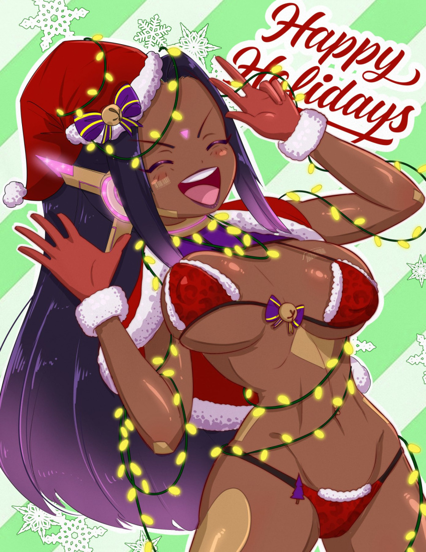 android big_breasts christmas_headwear christmas_lights christmas_outfit cleavage cybernetics dahlia_dazol dark-skinned_female dazol holidays humanoid large_breasts lipstick mostly_clothed original_character santa_bikini santa_costume santa_hat tagme toned toned_female