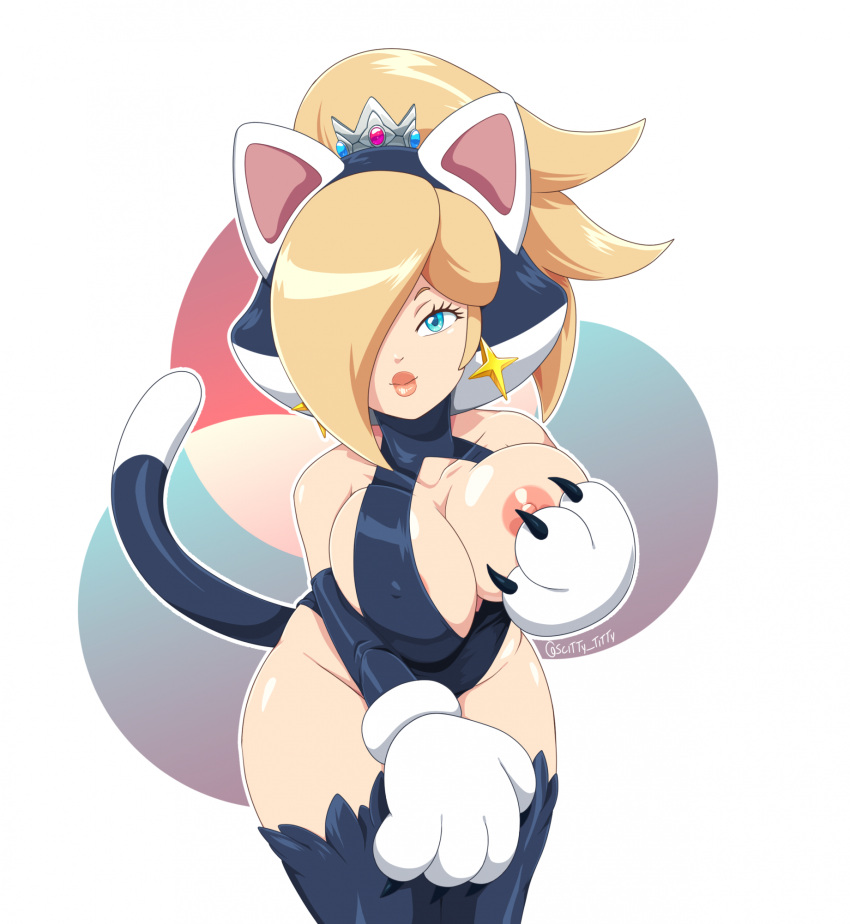 1girls breasts cat_ears cat_paws cat_rosalina cat_tail catgirl disgaea female female_only holding_breast large_breasts mario_(series) nekomata_(disgaea) nintendo princess_rosalina solo super_mario_3d_world tagme the_chaos_creatures