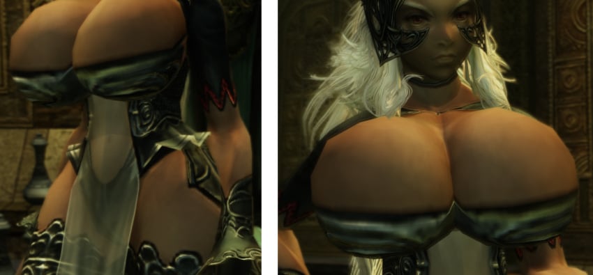 3d armor barely_contained big_breasts bikini_armor bimbo bimbofied breast_focus breasts bursting_breasts cleavage dark-skinned_female dark_skin final_fantasy final_fantasy_xii fran game_mod gigantic_breasts head_out_of_frame hips huge_breasts huge_hips huge_thighs indoors large_breasts looking_at_viewer massive_breasts mod rabbit_girl thick_thighs thighs tight_clothes viera white_hair wide_hips