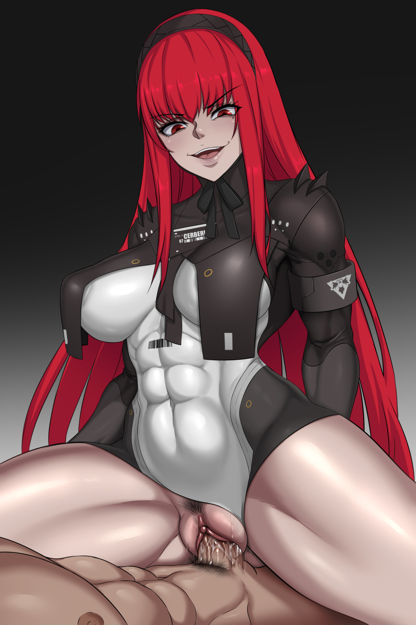 1boy 1girls bodysuit bodysuit_aside female female_on_top femdom fully_clothed hairy long_hair male medium_breasts muscular penis punishing:_gray_raven pussy_juice red_eyes red_hair rikka robot_girl sex shiny_skin smug uncensored vaginal_penetration vera_(punishing:_gray_raven)