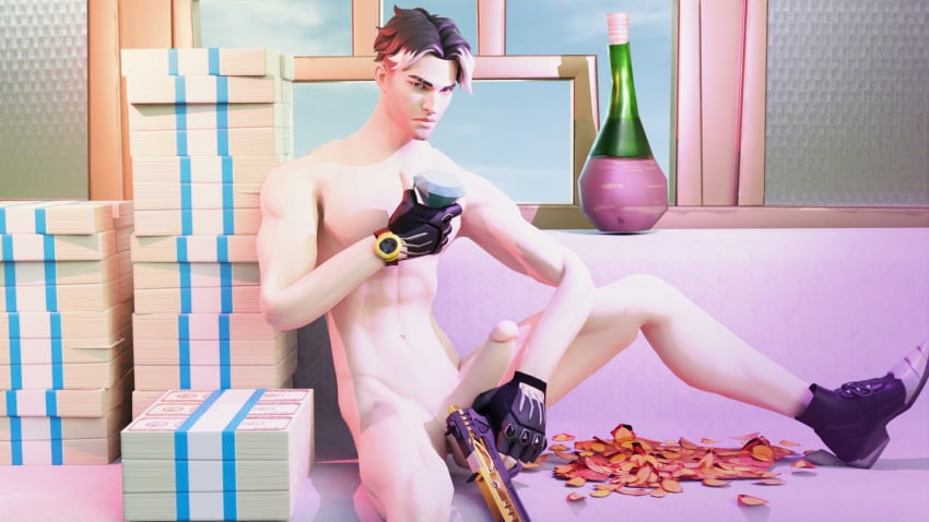 1boy 3d angry_face big_penis black_and_white_hair bottle centurion_mcjo diamond dilf erection fingerless_gloves fortnite french gun leg_out male_only mature_male money montague_(fortnite) nude nude_male on_couch pistol rich_man serious_look solo solo_male two_tone_hair