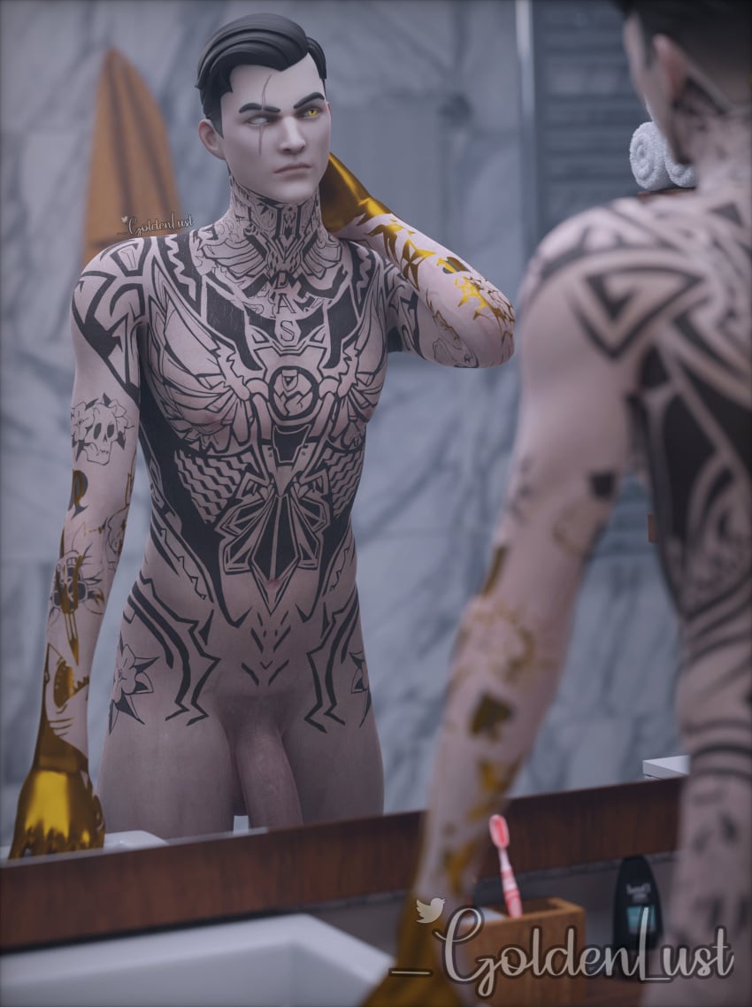 1boy 3d black_hair fortnite gold_(metal) gold_eyes gold_hands goldenlust looking_at_self male_only masculine midas_(fortnite) mirror missing_eye nude nude_male pale_skin scar solo solo_male tattoos x_redeyes