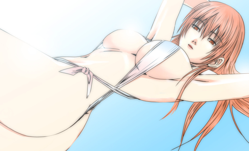 1girls ass backlighting bare_legs brown_eyes brown_hair dead_or_alive dead_or_alive_xtreme_beach_volleyball gradient_background half-closed_eyes highres kasumi_(doa) kunoichi long_hair looking_at_viewer midriff silf slingshot_swimsuit solo swimsuit tecmo thighs user_tggn7272