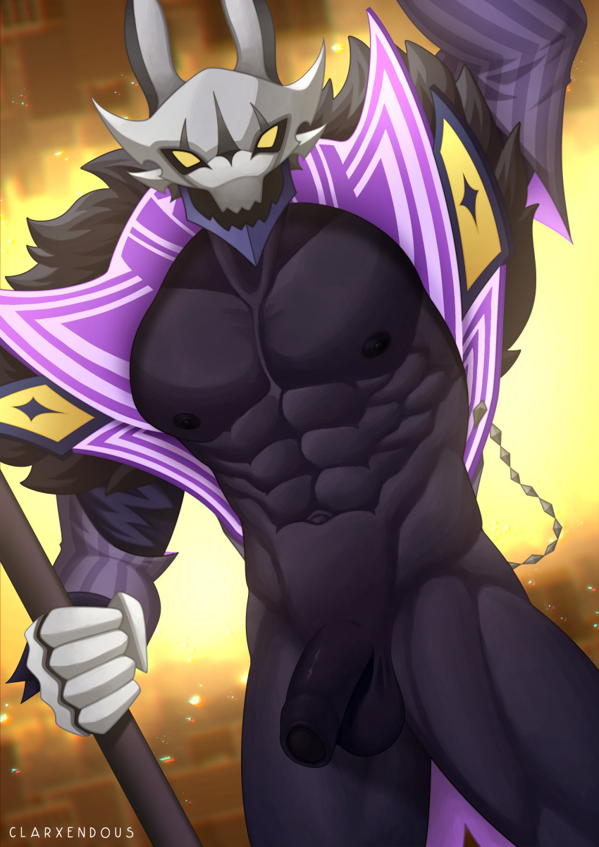 2023 5_fingers abs absurd_res anthro armor ascended balls black_balls black_body black_glans black_nipples black_penis black_skin bottomwear canid canine canis clarxender claw_fingers clothing detailed_background digital_drawing_(artwork) digital_media_(artwork) dream_raider_nasus empty_eyes fingers flaccid foreskin fur_collar genitals glans headgear helmet hi_res holding_object jackal jacket jockstrap league_of_legends looking_at_viewer male male/male mammal multicolored_clothing multicolored_helmet multicolored_jacket multicolored_jockstrap multicolored_topwear muscular muscular_anthro muscular_male muscular_thighs nasus navel nipples open_mouth pants partially_retracted_foreskin pecs penis presenting raised_arm riot_games signature solo staff topwear underwear urethra white_clothing white_fingers white_jockstrap white_underwear yellow_eyes