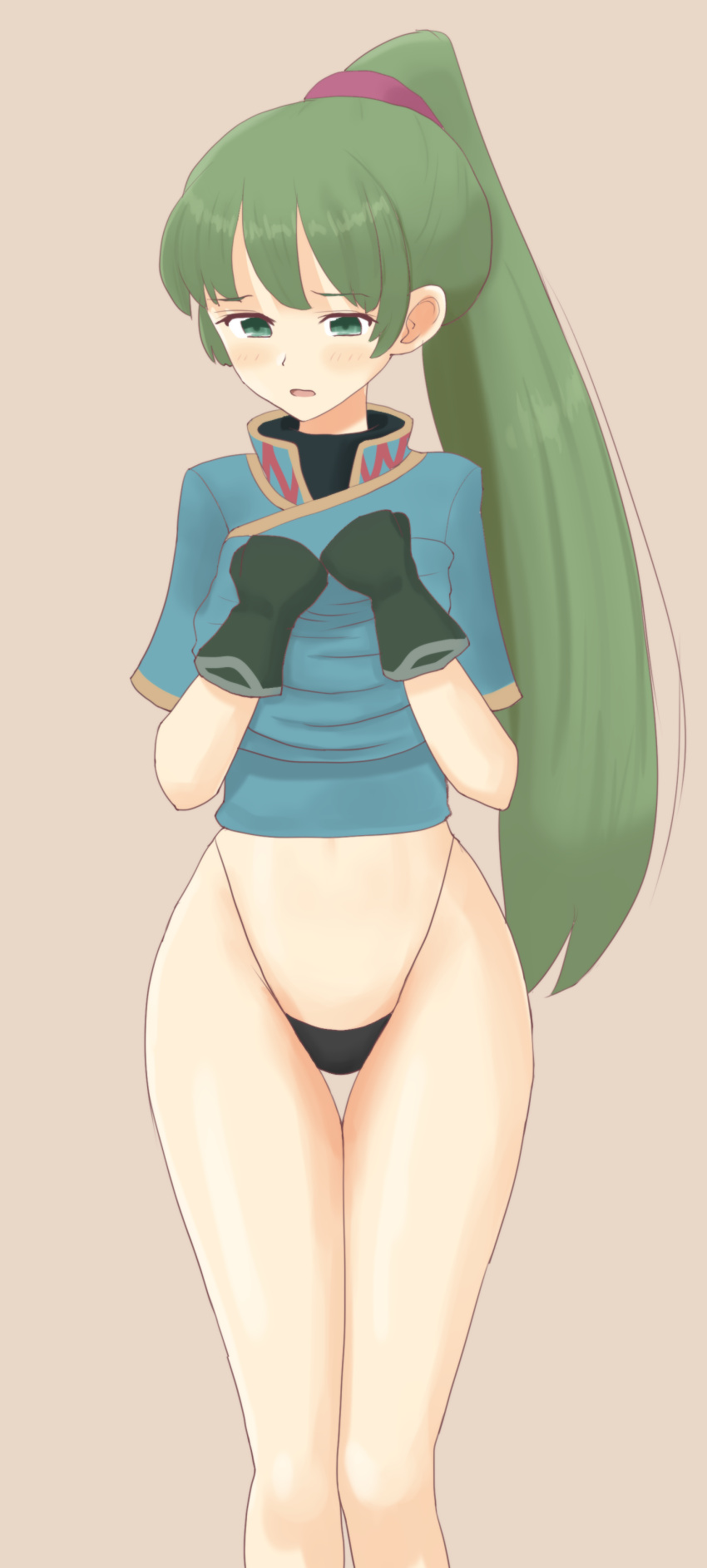 1girls bare_legs black_panties black_thong blush clothes_lift embarrassed female female_only fire_emblem fire_emblem:_the_blazing_blade gloves green_eyes green_hair legs lifted_by_self long_hair looking_away looking_down lyn_(fire_emblem) nintendo no_pants open_mouth panties pelvic_curtain pelvic_curtain_lift ponytail presenting solo thong tororeto underwear very_long_hair