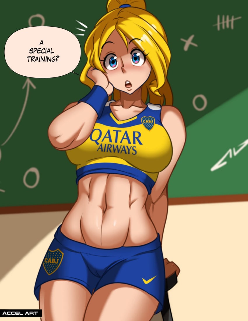 1girls abs accelart big_ass big_breasts blonde_hair boca_juniors bocajuniors boooocaaa english_text female female_only hourglass_figure imminent_sex national_personification ponytail soccer soccer_uniform solo training