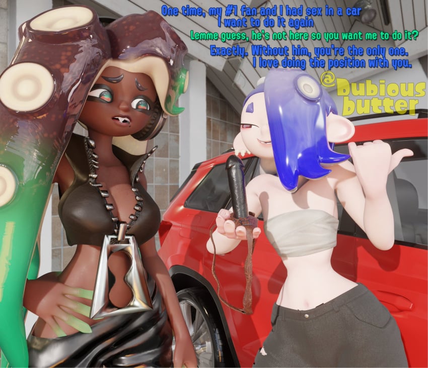 2girls 3d car clothed clothing deep_cut_(splatoon) dubious_butter female marina_(splatoon) marina_(wo262) octoling octoling_girl off_the_hook_(splatoon) sex_toy shiver_(splatoon) splatoon splatoon_2 splatoon_3 strap-on strapon yuri