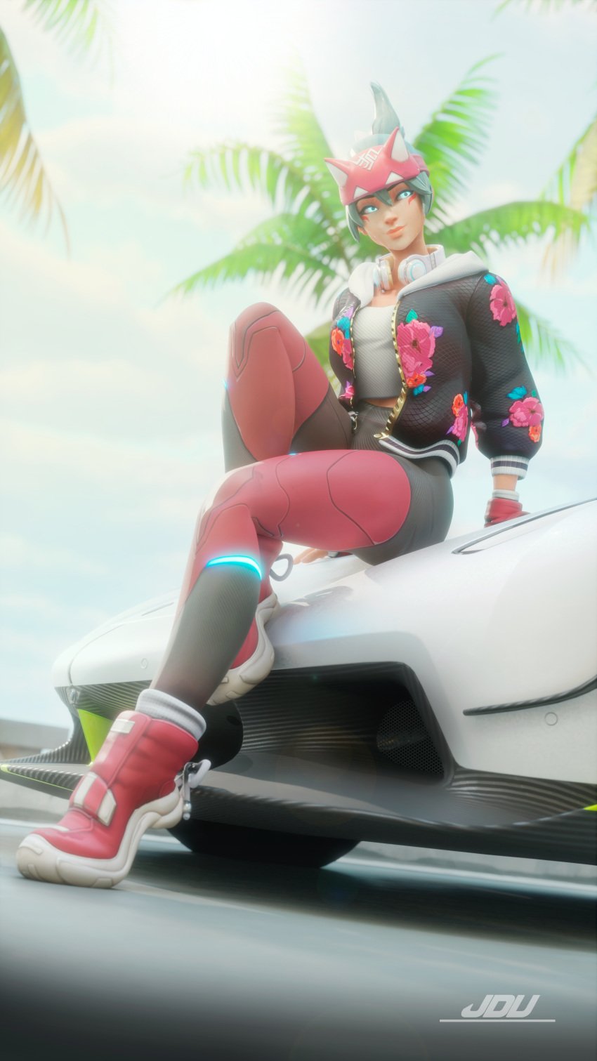 3d athleisure_kiriko car clothed clothing female green_hair hi_res jdv kiriko_(overwatch) leggings overwatch overwatch_2 watermark