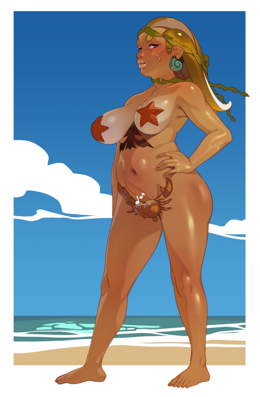 1girls absurd_res beach breasts combos-n-doodles convenient_censoring covered_nipples crab crab_on_crotch dark_skin female gloria_bikini gold_hair looking_at_viewer nintendo nipple_pasties nude octoling red_eyes seaside splatoon splatoon_2 starfish starfish_(accessory) starfish_on_nipples starfish_pasties takoko_yakisoba_(combos_&_doodles)