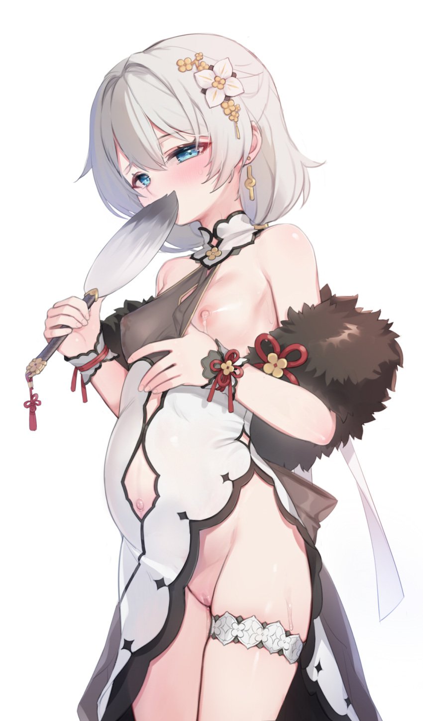 bare_shoulders big_belly blue_eyes breasts censored clothing_aside commentary_request covering_mouth cowboy_shot dress dress_aside female flower grey_hair hair_between_eyes hair_flower hair_ornament highres honkai_(series) honkai_impact_3rd lactation long_hair mosaic_censoring navel nipples outie_navel pregnant pussy simple_background small_breasts solo tama_(tamatamo) theresa_apocalypse thigh_strap white_background white_dress