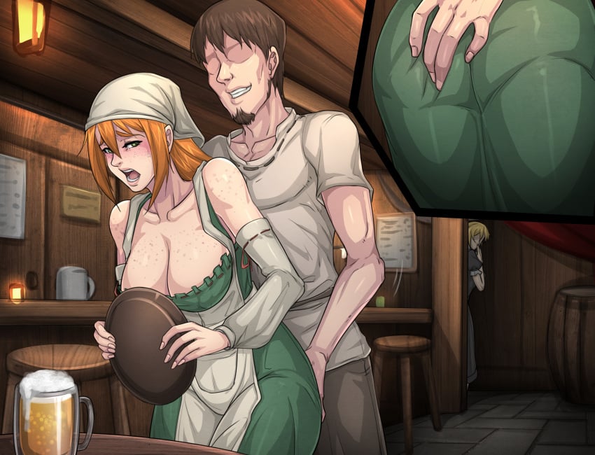 ass_grab blush breasts claire's_quest female forced ginger groping_ass large_breasts male orange_hair public public_groping rape red_hair tavern tavern_wench