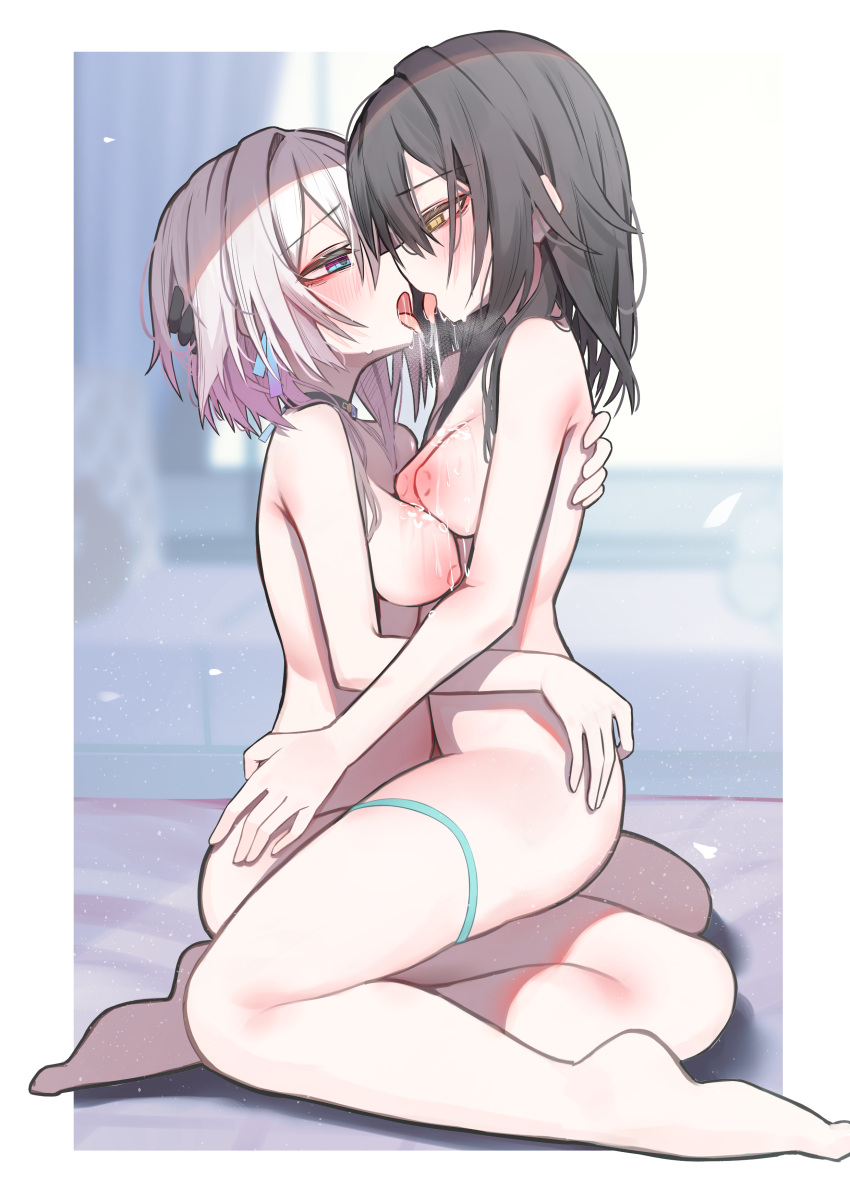 2girls absurdres after_kiss black_hair blue_eyes blurry blurry_background blush border breasts breath completely_nude dated_commentary eye_contact face-to-face from_side half-closed_eyes hand_in_another's_hair hand_on_another's_ass hand_on_another's_back highres honkai:_star_rail honkai_(series) indoors long_hair looking_at_another march_7th_(honkai:_star_rail) medium_breasts medium_hair multiple_girls nipples nude open_mouth outside_border pink_hair profile sajin_(user_pvrm4582) saliva saliva_trail sitting stelle_(honkai:_star_rail) thigh_strap white_border yellow_eyes yuri