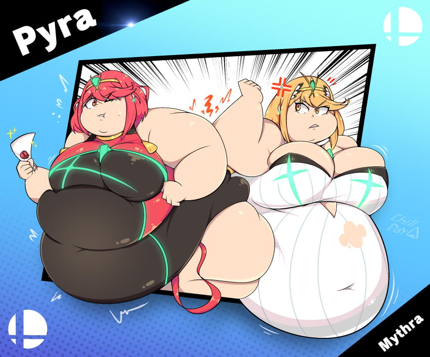 2021 2girls anger_vein bbw belly blonde_hair breasts chillday duo duo_focus english english_text female_focus female_only hi_res high_resolution highres huge_belly huge_breasts long_hair looking_at_another morbidly_obese morbidly_obese_female mythra one_eye_closed overweight overweight_female plump pyra red_eyes red_hair short_hair stuck super_smash_bros. swimsuit text xenoblade_(series) xenoblade_chronicles_2 yellow_eyes