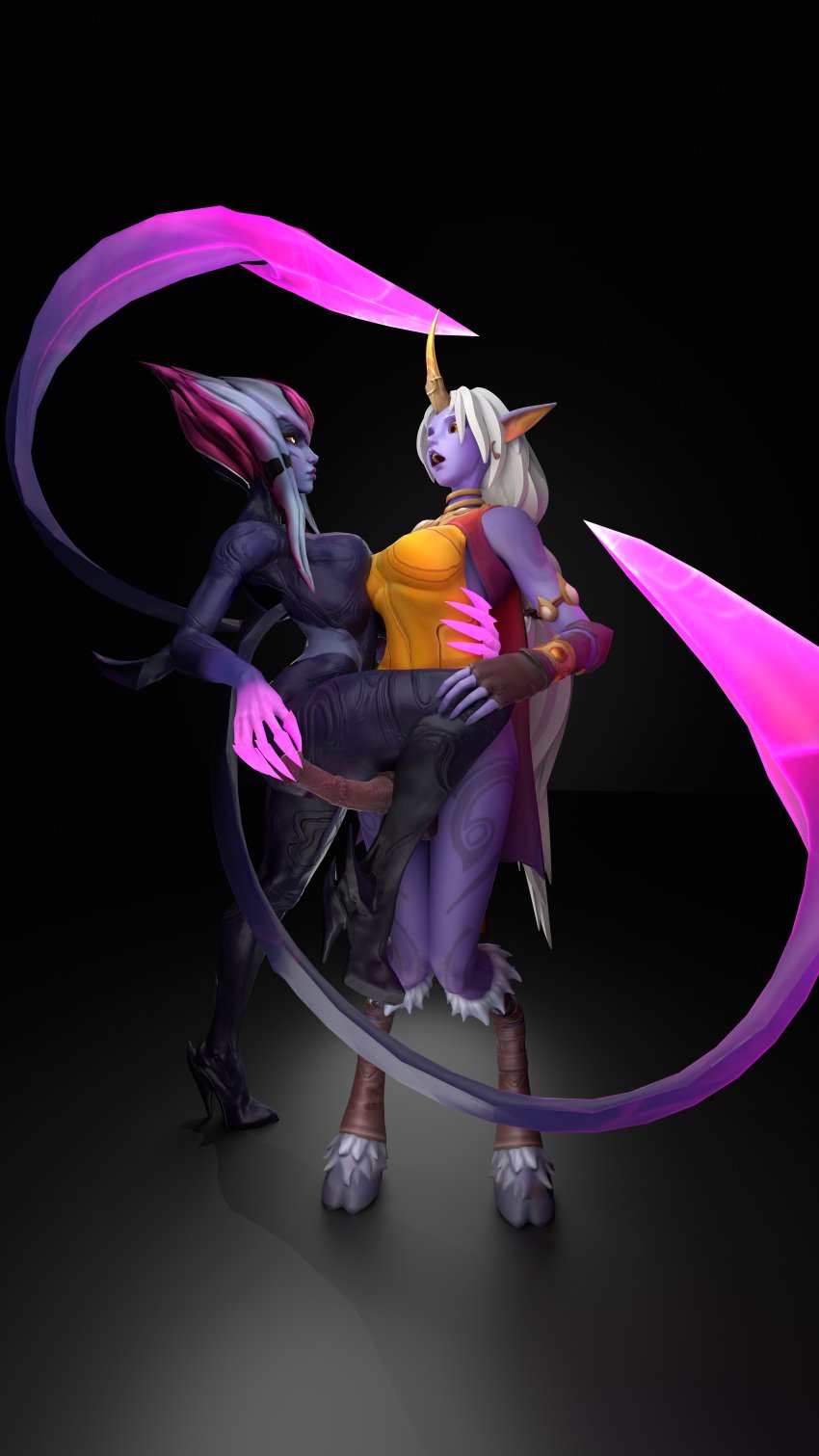 1futa 1girls 3d absurd_res animal_genitalia_on_humanoid clothed demon demon_girl dickgirl embrace evelynn female femdom futa_on_female futanari gold_eyes horsecock horsecock_on_humanoid kinkyleague3d league_of_legends open_mouth pink_hair purple_skin self_upload soraka suprised white_hair