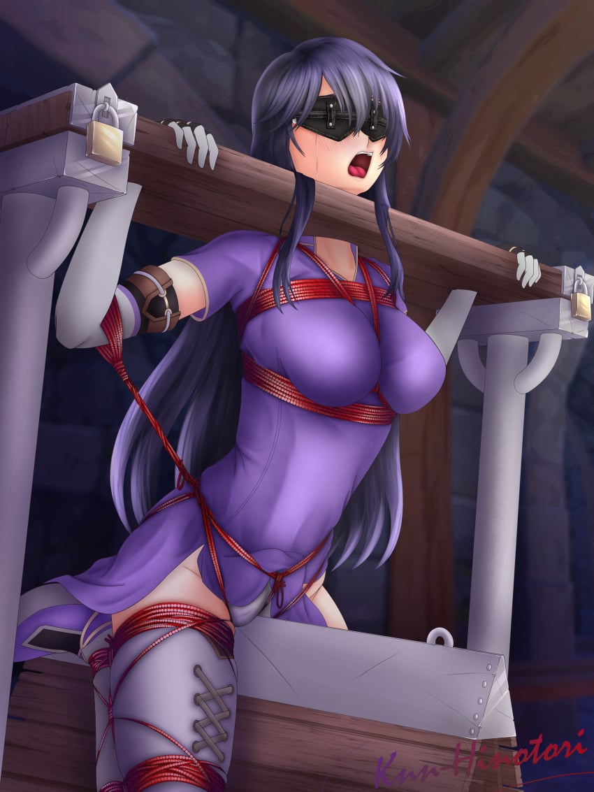 1girls ayra_(fire_emblem) bare_thighs black_hair blindfold bondage boots bound bound_legs breasts crying dress elbow_gloves female female_only femsub fire_emblem fire_emblem:_genealogy_of_the_holy_war gloves grey_panties indoors knn-hinotori lock long_hair medium_breasts multicolored_hair nintendo open_mouth panties pelvic_curtain pillory purple_hair rape restrained rope rope_bondage screaming short_sleeves solo stationary_restraints thigh_boots thighs underwear vaginal_penetration very_long_hair wooden_horse